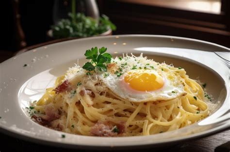 Premium Ai Image Plate Of Spaghetti Carbonara Topped With Egg And