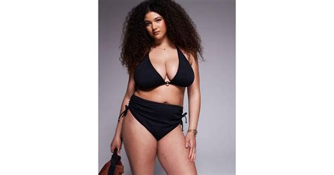 Asos Asos Design Curve Tayla High Leg High Waist Bikini Bottom With Gold Bead Trim In Black Lyst