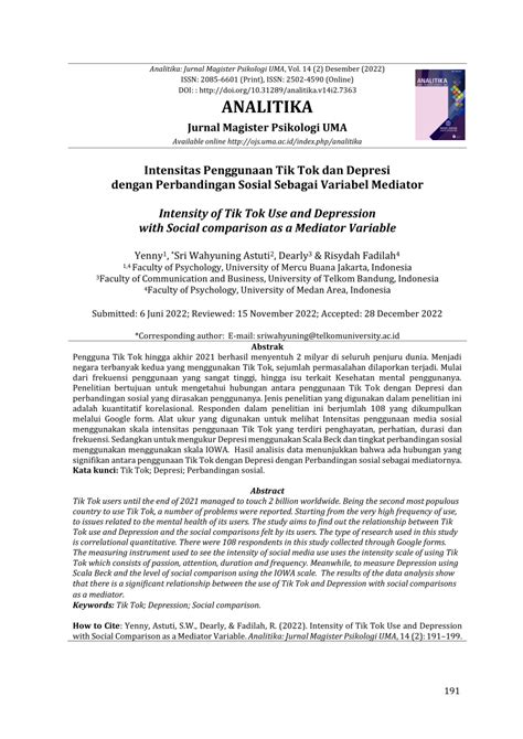 PDF Intensity Of Tik Tok Use And Depression With Social Comparison As