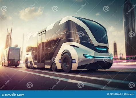 Autonomous Shuttle Bus Travelling On Futuristic City Street Stock