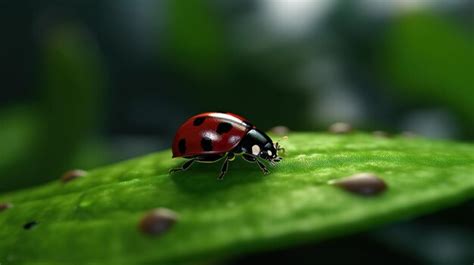 Premium Ai Image Ladybug On Green Leaf With Dew Drops Macro Close Up