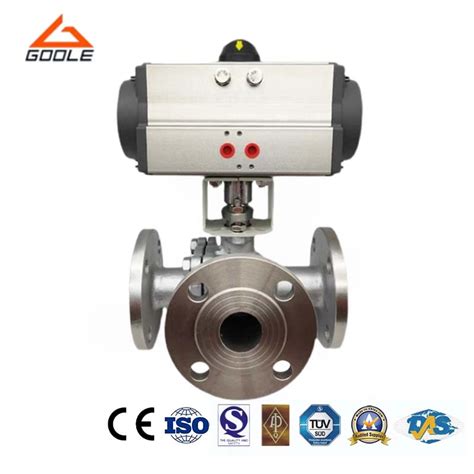 Ansi Pneumatic Actuated Three Way Flanged Ends Floating Ball Valve