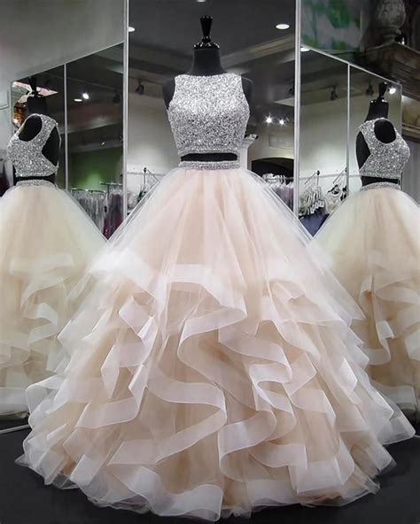 Two Pieces Tulle Strapless Prom Dresses Long Floor Length Ball Gown