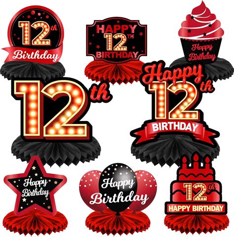 Amazon.com: Happy 12th Birthday Red and Black Table Honeycomb Centerpieces Balloons Theme Decor ...