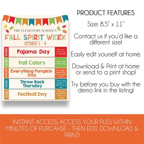 Editable Fall Spirit Week Flyer Printable Fall Spirit Week Etsy