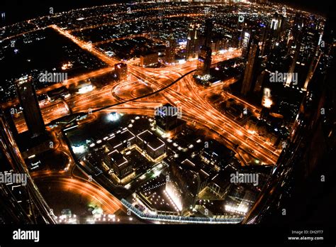 Aerial, night view of downtown Dubai, United Arab Emirates Stock Photo ...