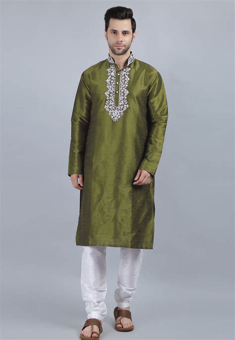 Mehndi Dupion Silk Kurta Pajama