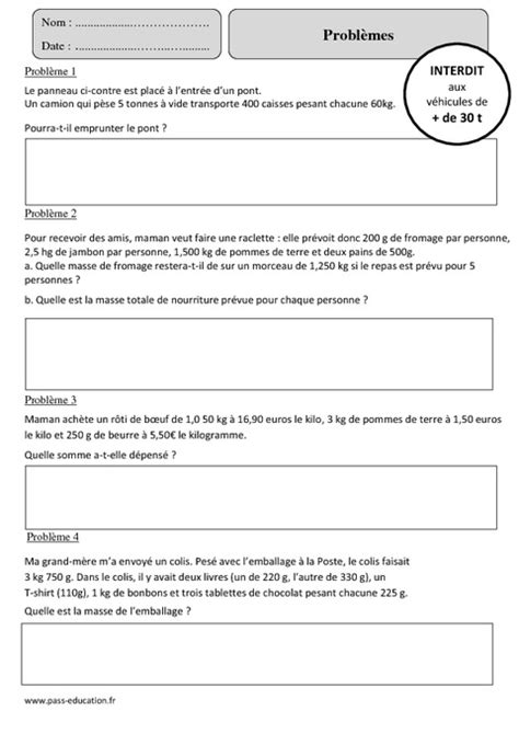 Mesures De Masse Problèmes Cm2 Exercices Corrigés Mesures Mathématiques Cycle 3