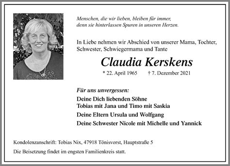 Traueranzeigen Von Claudia Kerskens Trauer Und Gedenken