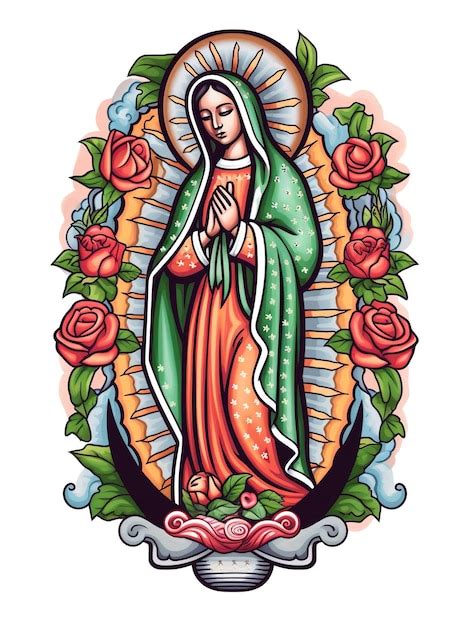 A Colorful Drawing Of A Virgin Mary With Roses On The Bottom Premium