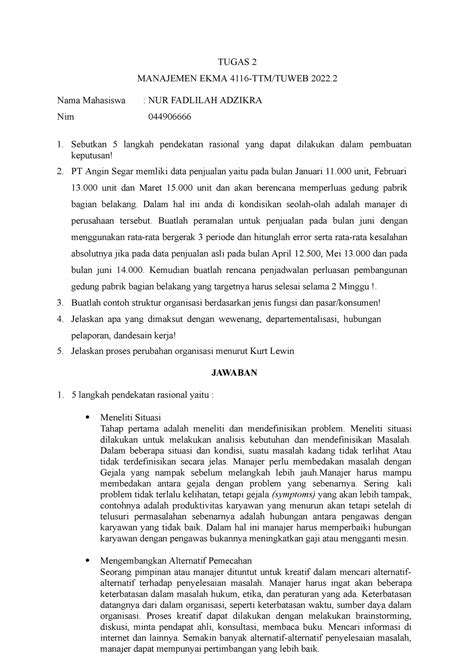 Tugas 2 Manajemen TUGAS 2 MANAJEMEN EKMA 4116 TTM TUWEB 2022 Nama