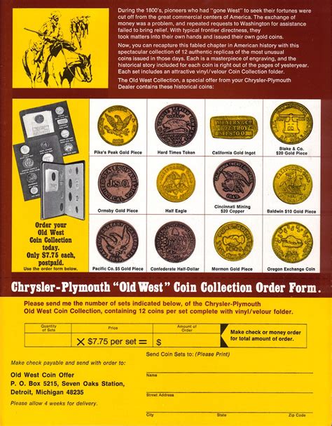 Chrysler Plymouth Old West” Coin Collection Order Form Coin