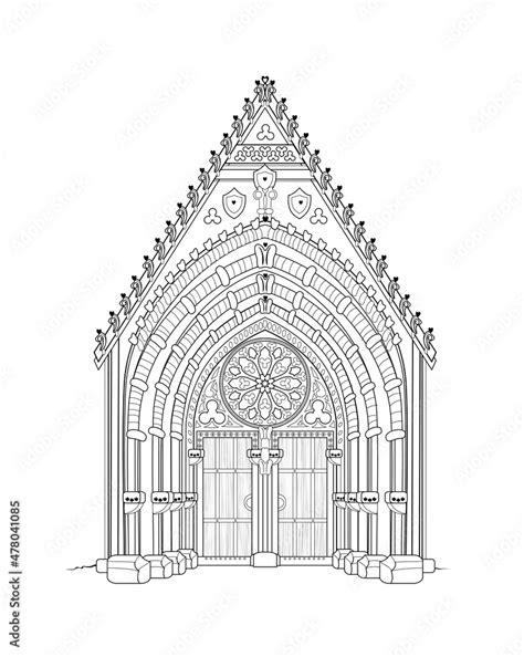 Drawing of ancient gothic portal. Entrance to the medieval Catholic ...