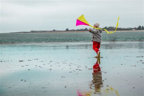 Un Niño Feliz Corre Con Una Cometa Colorida En La Playa Del Mar Niña