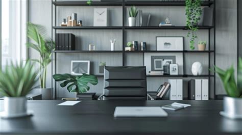 Premium Photo | An office with a matte black desk and shelves ...