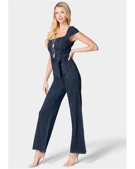 Bebe Wide Leg Pearl Detail Denim Jumpsuit In Blue Lyst