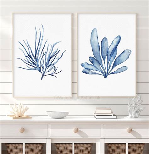 Seaweed Print Navy Blue Indigo Painting Watercolor Art Set Of Prints