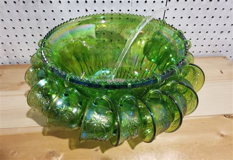 Indiana Glass Co Green Carnival Glass Punch Bowl Set Punch Bowl Ladle 12 Glasses And 12 Hooks