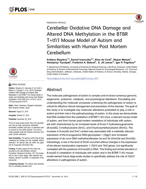 Pdf Cerebellar Oxidative Dna Damage And Altered Dna Methylation In