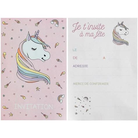 Carte Invitation Anniversaire Licorne Rose Et Blanche X6 REF 6726