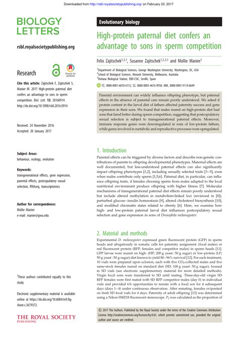 Pdf High Protein Paternal Diet Confers An Advantage To Sons In Sperm