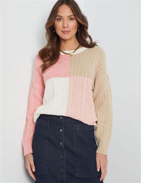 Katies Long Sleeve Colour Block Cable Jumper W Lane