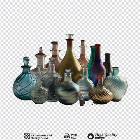 Premium PSD | A collection of glass bottles of various shapes and sizes ...