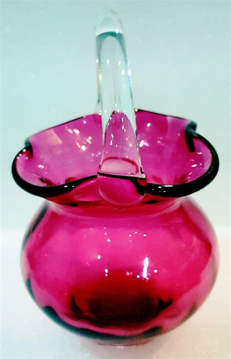 Vintage Hand Blown CRANBERRY ART GLASS BASKET W Clear Handle EBay