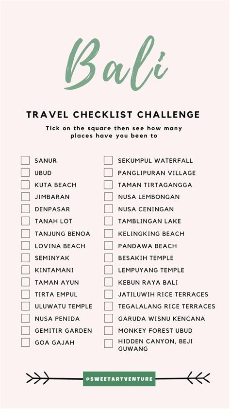 The Bali Travel Checklist Is Shown In Green And White With An Arrow