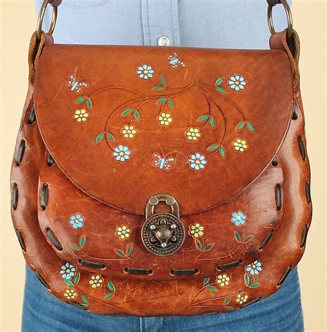 Hand Tooled Vintage Leather Purse 1970s Butterflies Florals