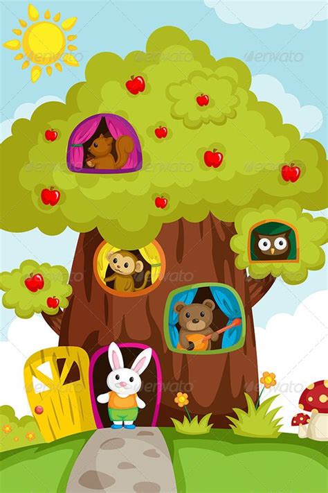 Animals in a Treehouse - Vector Illustration