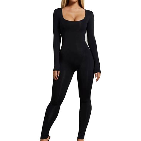 Skinny sexy jumpsuit mujeres sólido cuello redondo manga larga monos