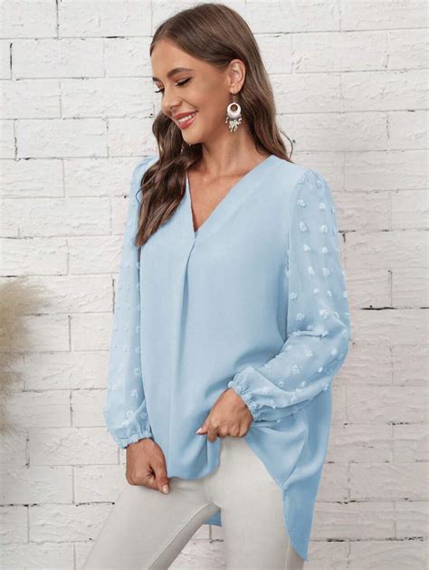 Shein Lune Swiss Dot Lantern Sleeve High Low Hem Blouse Shein Usa