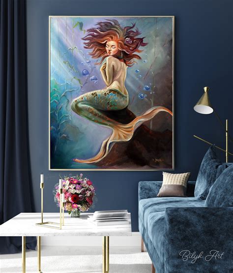 One Of The Kind Mermaid Oil Painting Original Mermaid Wall Art Underwater Painting Unique