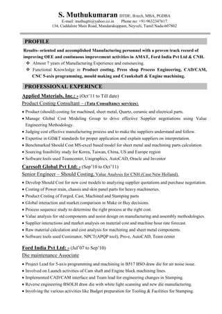 Resume Muthu Automobile Product Costing Years Pdf