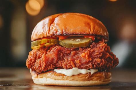 Delicious Fried Chicken Sandwich On A Brioche Bun Fried Chicken Pickles