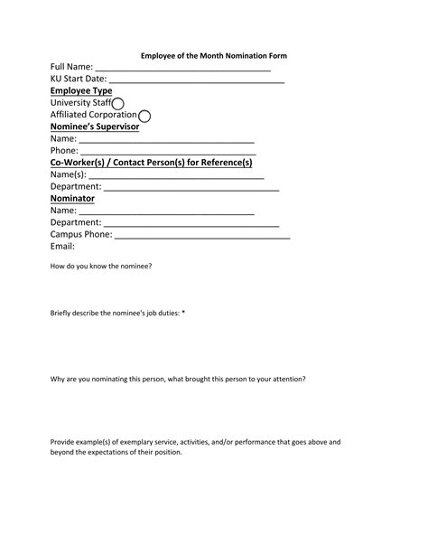 Printable Employee Of The Month Nomination Form