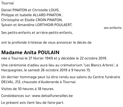 Avis De Décès De Anita Poulain Décédé Le 22 10 2019 à Tournai Annonce