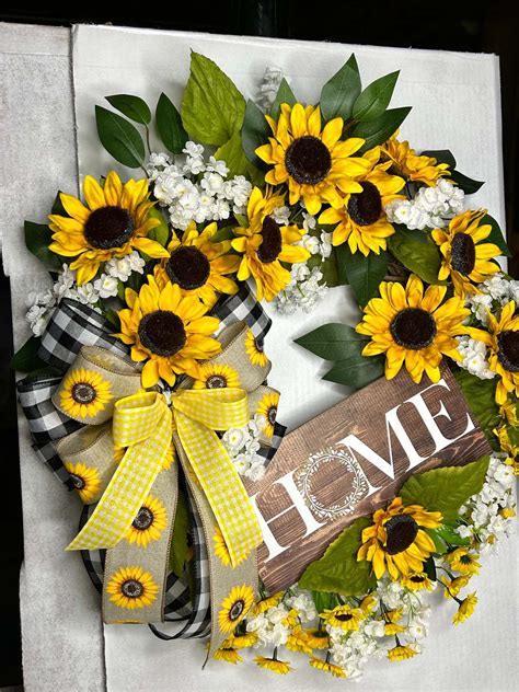 Sunflower Wreath with Wooden Home sign - Lotus Wreath Designs