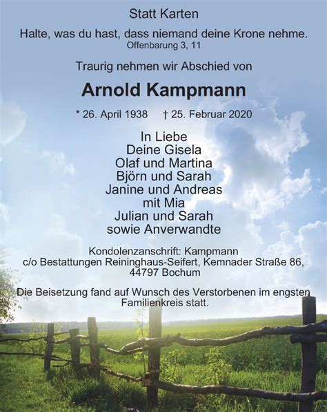 Traueranzeigen Von Arnold Kampmann Trauer In Nrw De