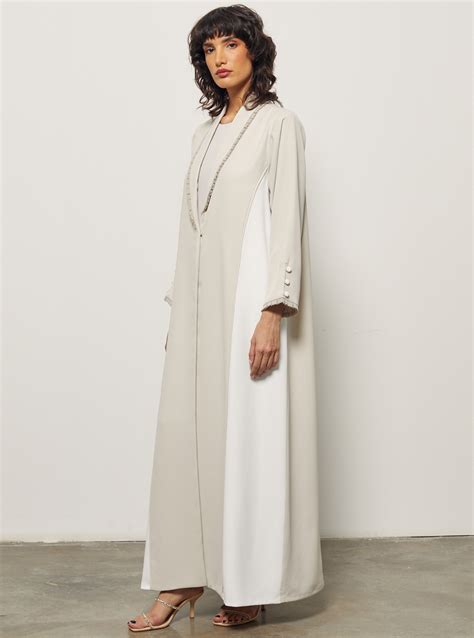 Yarrow Set Nicely Cut Abaya In White And Beige Combination With Pleated