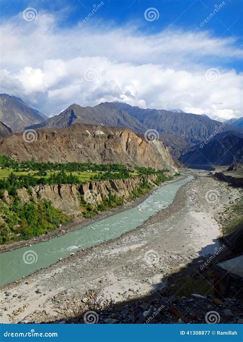 Karakoram Highway Mountain Range and Hunza River in Summer Stock Image ...