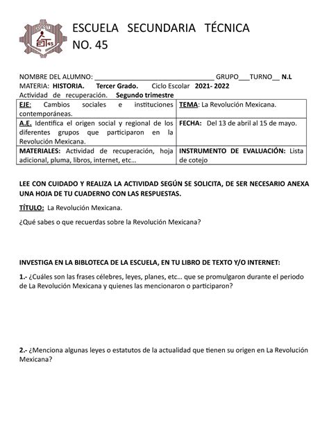 Act Recu Hist 3° Tri Cuadernillo De Reforzamiento Historia Escuela Secundaria TÉcnica No