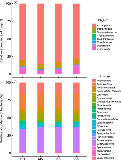 Relative Abundance Of Fungi And Bacteria At Phylum Levels In Different