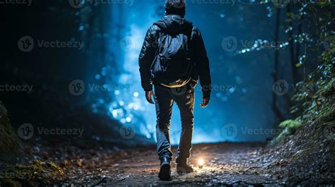 A Man With A Backpack Walking Through A Dark Forest At Night Generative