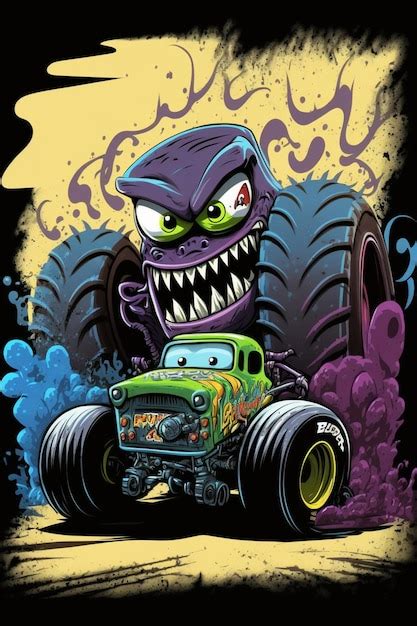 Premium AI Image Cartoon Monster Monster Driving A Monster Truck With