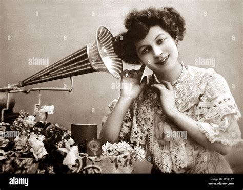 Woman Listening To Music With Gramophone 1910s Germany Stock Photo