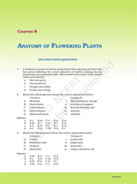 Ncert Exemplar Book For Class 11 Biology Chapter 6 Anatomy Of Flowering