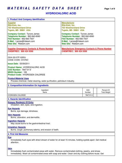 Hydrochloric Acid Safety Data Sheet Pdf Firefighting 57 Off