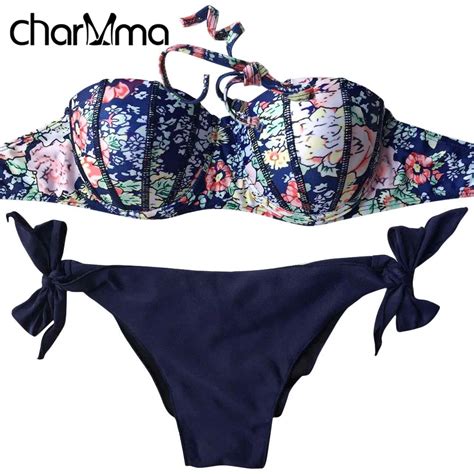 CHARMMA Women Alluring Print Underwire Bikini Set Push Up Brazilian